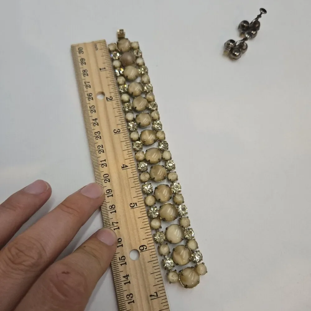 Vintage Moonglow Glass Bracelet And Screwback Earrings Champagne Color 1950s